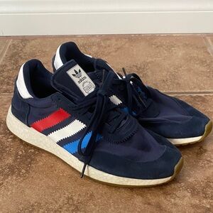 Adidas Men's Navy Sneakers with Red and Blue Stripes